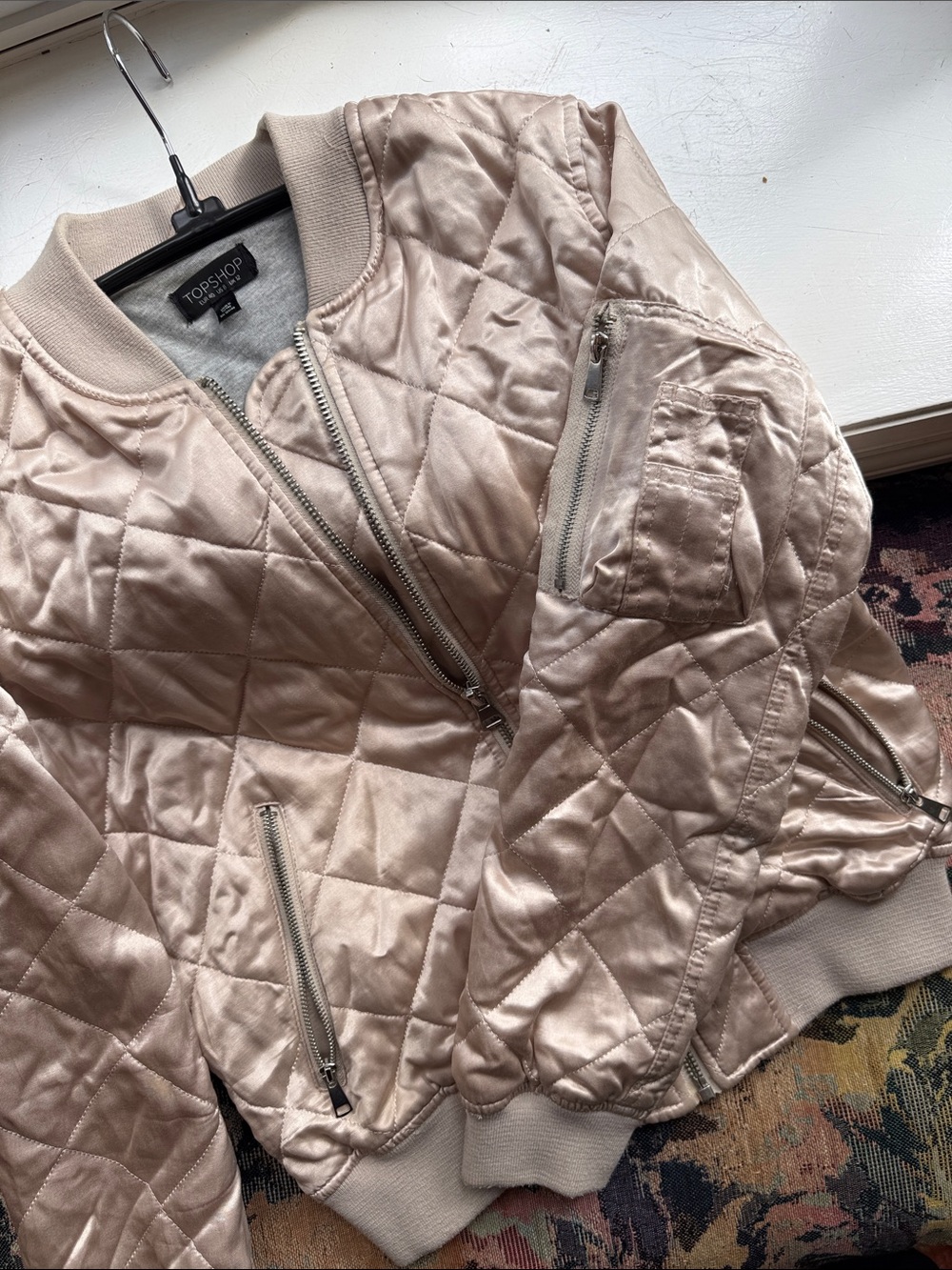 Topshop Quilted Bomber Jacket in Light Blush